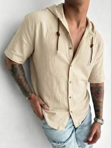 GRDR 男士休闲连帽短袖衬衫 | 精致设计 | 夏季必备 | 时尚百搭，展现您的风格 - 杏色 - 查看 3