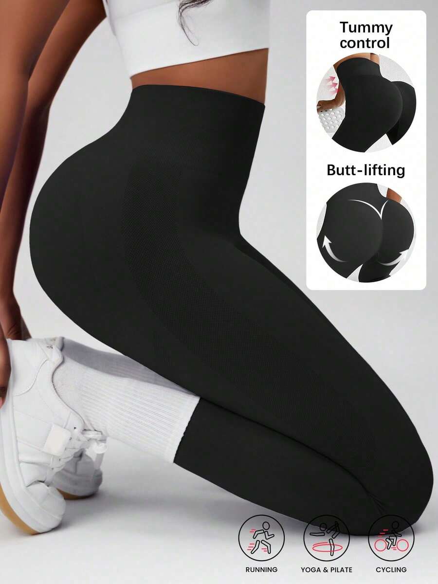 1pc High Waist Tummy Control 4-Way Stretch Outdoor Leggings, Suitable For Sports And Running - Black - View 1