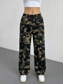 1pc Women's Outdoor Camouflage Cargo Pants, Multi-Pocket Casual Straight Leg Trousers, Y2K Style
