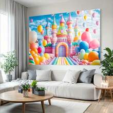 1 قطعة لافتة حفلة كاندي لاند الخيالية - تصميم قلعة مسحورة وبالونات، خلفية قماشية متعددة الألوان من البوليستر لغرف الصف والمكاتب والديكورات العطلات - لافتة صور متعددة الألوان لديكور الحفلات - قطعة واحدة - مشاهدة 3