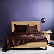 3pcs Solid Color Satin Bed Sheet Set, Simple Smooth Bedding, Suitable For All Seasons, Easy To Wash, Skin-Friendly & Breathable Bed Sheet, Providing Extraordinary Experience (Includes 1 Bed Sheet + 2 Pillowcases) - Coffee Brown - View 2