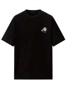 Women's Casual Rose & Letter Print Loose Fit Round Neck Short Sleeve T-Shirt, Spring/Summer - Black - View 4