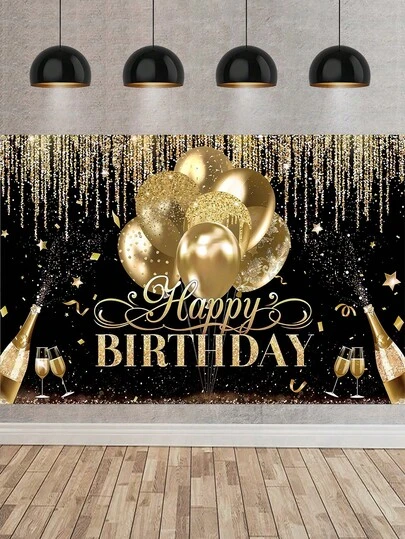1pc Black Gold Birthday Background Cloth, Happy Birthday Banner, Balloon Pattern Decoration, Birthday Background Decoration, Birthday Photography Props, Birthday Party Supplies, Birthday Gifts, Birthday Photography Props, Birthday Background Decoration, Birthday Hanging Decoration, Party Hanging Decoration, Party Decoration, Party Decorations For Home, Party Wall Decoration, Room Decoration, Party Favorites, Birthday Gifts
