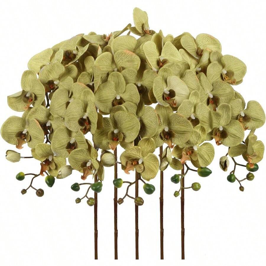 IPOPU - Flores artificiales de orquidea blanca de 40 pulgadas 5 piezas de orquideas falsas de tallo largo ramas de phalaenopsis orquideas de seda de tacto real para jarron para despedida de soltera - Verde - Ver 1