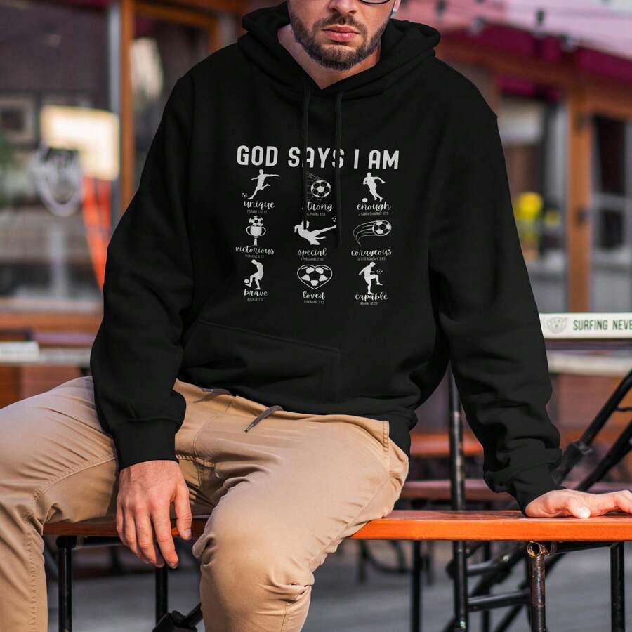 Hoodie Black God Says I Am Unique Strong Courageous Victorious Great Brave Capable Soccer Sports Motivation Design For Men Outdoor Casual Wear - 黑色 - 查看 1