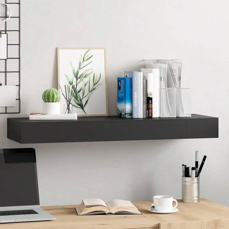 Larryhot Mensola a Muro Galleggianti con Cassetto Nera 80x25x8 cm, Facile da assemblare, dall'estetica elegante e raffinata, pratica per riporre gli oggetti, la scelta ideale per l'organizzazione e la decorazione domestica - nero - Visualizzare 1