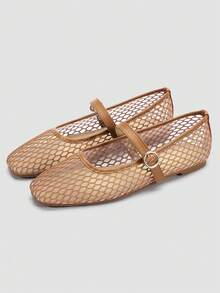 Zapatos planos de moda ADAMUMU para mujer, zapatos de baile de tela de malla bordada con encaje, zapatos planos casuales de unicolor y transpirables, de punta cuadrada y color claro, elegantes y cómodos - Marrón - Ver 2