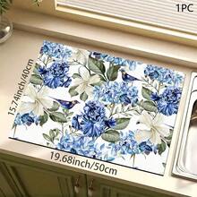 1 pieza Estera absorbente con estampado floral azul para cafetera, platos - Estera protectora absorbente de poliéster para encimera de cocina con respaldo de goma antideslizante, para decoración de cocina, bar en casa y mesa de comedor - Multicolor - Ver 2