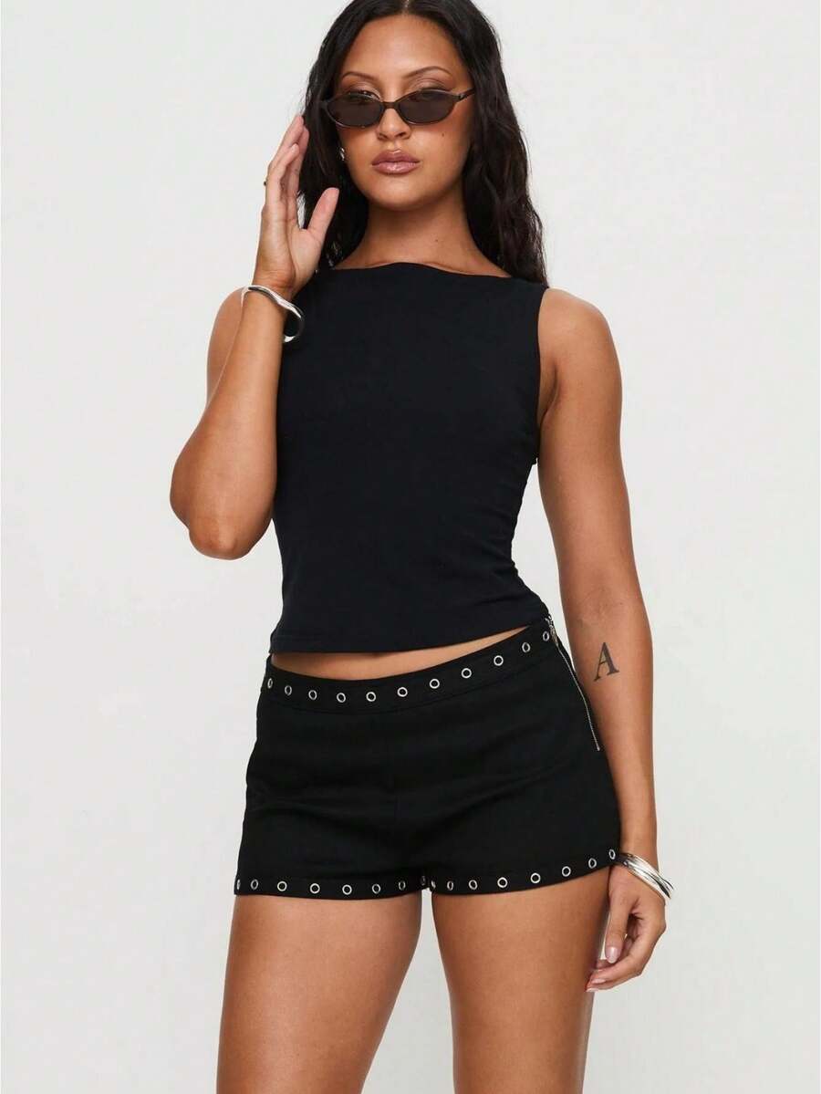 Women's Punk Grommet Eyelet Mini Shorts High Waisted Shorts Rave Club Outfits Going Out Shorts Comfort Modern City Cuffed Shorts - màu đen - Xem 1