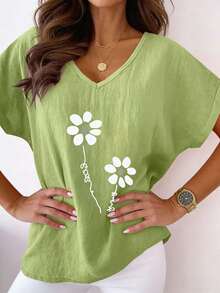 大码女式印花V领舒适水洗休闲短袖T恤，夏季度假 - 綠色 - 查看 5