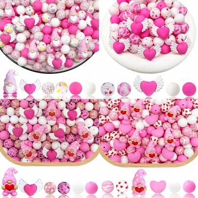 25/32 st silikonpärlor i dvärghjärt-serien för alla hjärtans dag - rosa dvärg med hjärtformade vingar - olika färger och mönster | söta mönster | pärlor med slät yta - perfekt för gör-det-själv-tillverkning av nyckelringar, halsband, armband, dekorativa pennor, smycken och hängen - alla hjärtans dag-present, present till par