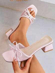 女士夏季纯色方头网面透气高跟凉鞋，舒适套脚粗跟凉鞋，时尚多功能性感派对礼服鞋，让双腿看起来更修长 - 粉色 - 查看 1