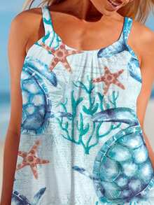 Plus Size Women's Sleeveless Beach Dress, Turtle & Starfish Print, Short Knit Fabric, Suitable For Summer Beach Vacation - Baby Blue - View 4