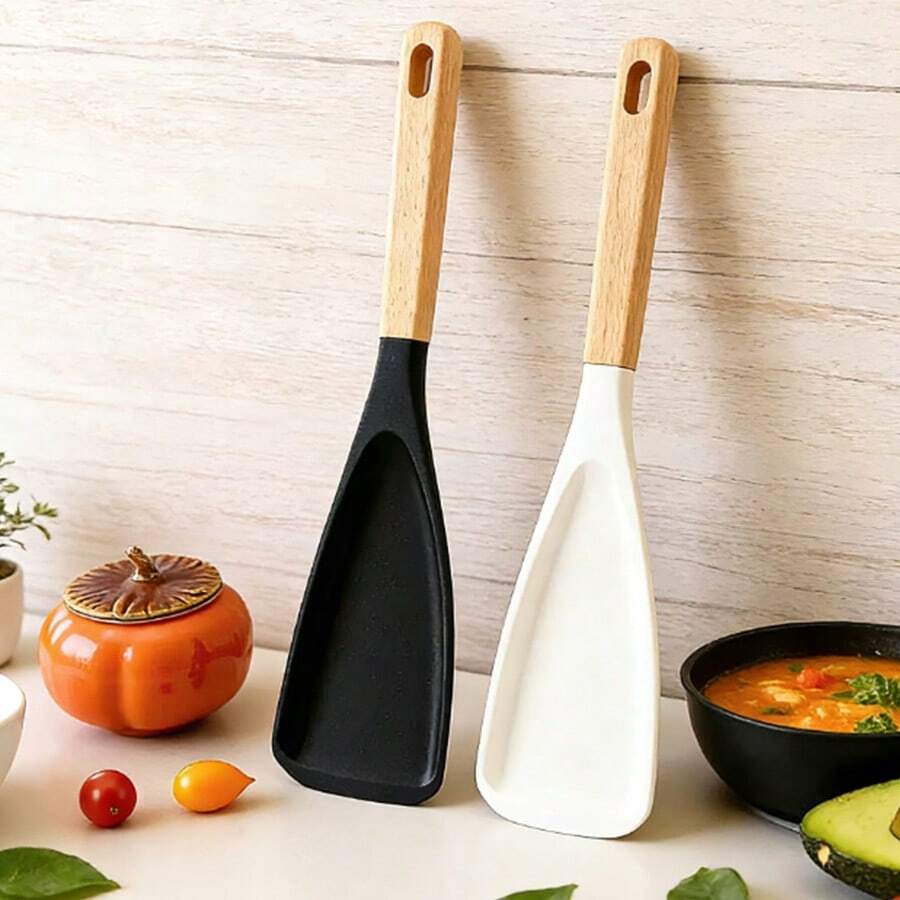 Wooden Handle Silicone Salad Spoon - Multifunctional, Non-Stick, Easy To Clean - For Baking, Cooking And Spreading Kitchen Tools - Essential Household & Dorm Supplies Series - Multicolor - View 1