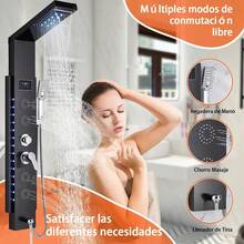 Shower Panel With Faucet For Bathtub And  With LED Lighting - Complete Kit In Anti-Limescale Stainless Steel, 5 Functions (Fixed Head, Hand Shower, Spout), Easy Installation - Matte Black - View 2