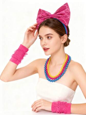 80-talsset, retro rosettpannband, halsband och handledsskydd i fyra delar, accessoarset för kvinnor, lämplig för karneval, temafest, halloween, 80-talsfest, disco neonbollfest, rollspel, maskeradbalkostym och accessoar