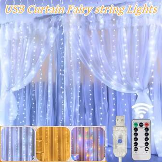 USB遥控窗帘，可选100/200/300厘米，带遥控器，8种模式窗帘绳，适用于圣诞节派对、情人节、卧室、婚礼、季节性装饰、节日灯饰等场合。
