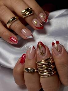 24片Y2K风格短椭圆形红白法式美甲贴纸，采用3D凝胶樱桃、星星和豹纹图案，打造幸运女孩和情人节美甲造型，完美适配亚克力美甲套装，包含1瓶果冻胶和1把指甲锉，适合女性和女孩日常、工作、学习和派对美甲。 - 彩色 - 查看 2