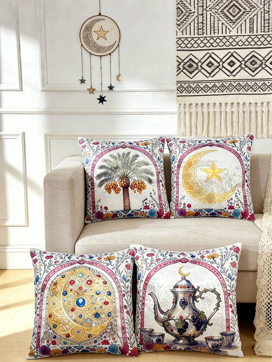 4件套沙发靠垫套，斋月主题，星星、月亮、宝石、花卉图案，天鹅绒材质，家居节日装饰，适用于卧室、户外和客厅，45*45厘米，不含枕芯 - 彩色 - 查看 1