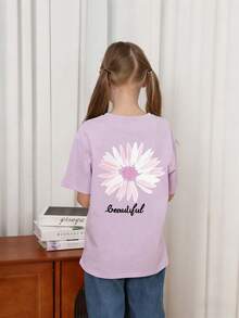 Tween Girls Floral Print Round Neck T-Shirt, Summer Top - Purple - View 2