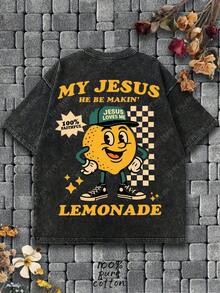 "JESUS LOVES ME""MY JESUS HE BE MAKIN' LEMONADE" , Personification Lemon Cartoon Graphic T-Shirt, Christian Belief In "Relying On Jesus For Beauty" T-Shirt For Wearing...... Retro Loose T-Shirt, Men's Casual Style T-Shirt, Machine Washable Old T-Shirt; Cool Pattern T-Shirt, Durable And Comfortable Fabric, Street Fashion T-Shirt, A Must-Have For Street Fashion Enthusiasts, Top-Level Sportswear, Suitable For Daily Commuting, Dating, Casual Matching, And Holiday Gift Giving. - 黑色 - 查看 2