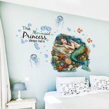 BRUP 1/2/6张海底美人鱼墙贴，适用于儿童房、婴儿房、女宝宝房间装饰，可移除卡通公主城堡贴纸，海洋主题婴儿房墙贴 - 彩色 - 查看 10