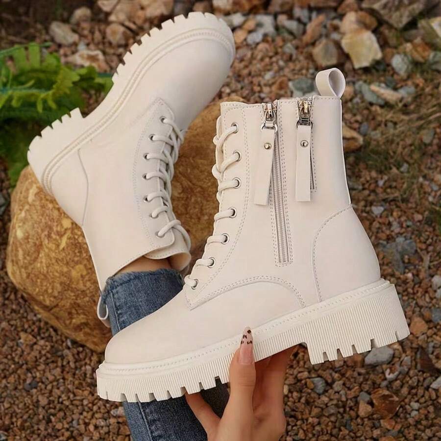 Super Warm Winter Boots - Non-Slip Thick Sole, Polar-Grade Warmth, Low Heel, Round Toe, Solid Color Simple Design, Suitable For Outdoor Hiking, Artificial Leather Upper, PU Sole, Fabric Lining, Hiking Boots - trắng - Xem 1
