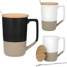 Taza de Cerámica con Tapa de Bambú y Cuchara de Acero Inox. – Set para Café, Té, Espresso o Capuchino, Ideal para Regalo, Gran Capacidad y Diseño Texturizado, 485 ml Blanco,37442453 - Multicolor - Ver 5