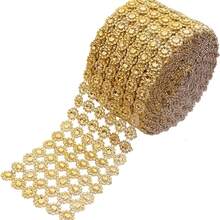 1 Yards 3ft 4" Silver Crafts Faux Diamond Bling Wrap Diamond Flower Rhinestone Mesh Ribbon Bling Bling Wrap Bulk,6 Rows Gold Flower Pattern Faux Rhinestone Crystal Mesh Ribbon Roll For Wedding, Party, Centerpiece, Cake, Vase Sparkling Decoration (Gold) - Multicolor - View 12