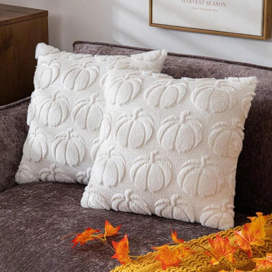 Generico 2 Fundas de Almohada de OtoñoFunda de Almohada de Calabaza de Halloween Funda de Cojines Cuadradas-para Otoño Accion de Gracias para Sofa y Decoracion del Hogar Blanco - Blanco - Ver 1