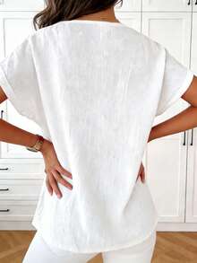 Plus Size Women's V-Neck Printed Casual Short Sleeve T-Shirt, Comfortable Washed Crinkle Linen Fabric - White - View 3