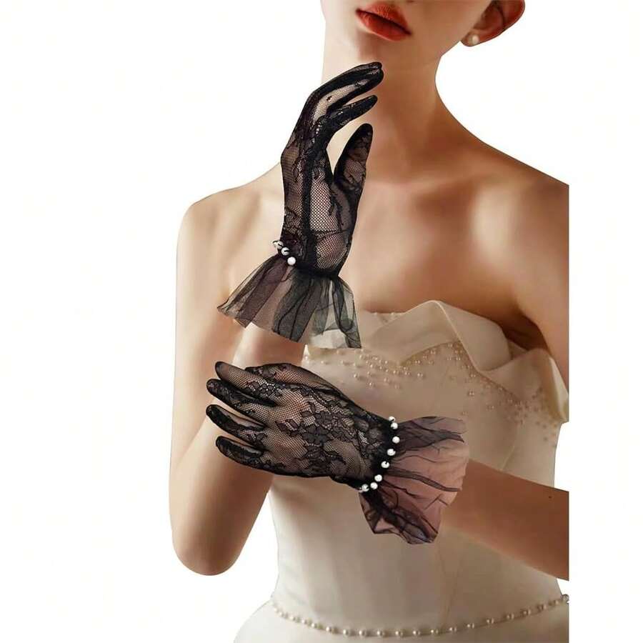 Short Lace Mesh Gloves Tulle Border With Pearls Wedding Opera Tea Party Gloves For Women Formal,OneSize,Black - Black - 查看 1