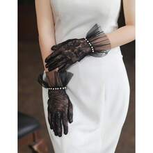 Short Lace Mesh Gloves Tulle Border With Pearls Wedding Opera Tea Party Gloves For Women Formal,OneSize,Black - Black - 查看 7