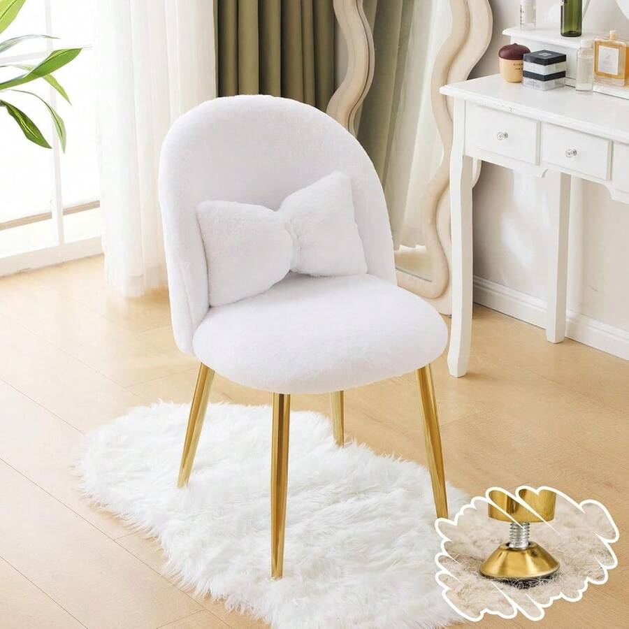 Fluffy Girls Vanity Chair With Back & Pillow,Cute Small Cozy Desk Chair No Wheels,Comfy Makeup Ch With Ajustable Gold Legs,For Bedroom,Living Room,Small Space,White - Vải nhung trắng - Xem 1