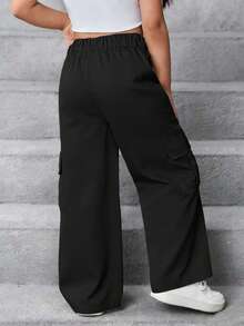 1pc Young Girl Fashion Versatile Casual Sports Comfortable Commute School Vacation Daily Wear Durable Dirt-Resistant Soft Multi-Pocket Straight Leg Cargo Pants - Black - View 2