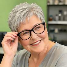 女士5英寸自然灰精灵短款真人发假发，150%密度，无胶短发片，带层次刘海，佩戴舒适，瞬间增加发量，机器制造，适合日常佩戴。