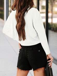 Women's Long Sleeve Crop Top Loose Fit Crew Neck Drop Shoulder Cropped T-Shirt Casual Basic Tee - 白色 - 查看 3