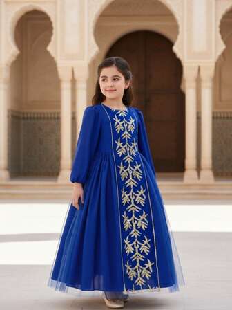 4-7Y Girls Middle Eastern Arabian Luxury Palace Princess Style Gold Embroidered Leaf Pattern 3D Shiny Line Craft Central Patchwork Decor Long Sleeve Mesh Flared A-Line Dress, Girls Formal Gown, Wedding Party Birthday Ceremony Flower Girl Performance Stage Outfit, Spring Summer Autumn Winter Middle Eastern Arabian Style Children Dress, Embroidered Puffy Dress, Long Sleeve Princess Dress, Kids Party Gown, Flower Girl Dress, High-End Children Clothing