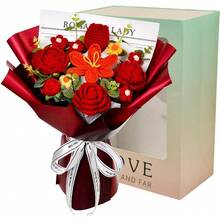 Ramo de flores de ganchillo ramo de tulipan de rosa de ganchillo flores de punto para el dia de la madre cumpleaños para mama abuela amigos morado - Rojo - Ver 2