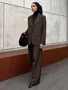 DAZY 2 件套女士商务休闲风格西装套装 Old Money 风格亚麻秋季服装 - 棕色 - 查看 6