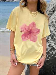 1pc Girls' Casual Printed Round Neck Short Sleeve T-Shirt, Summer Student Outfit - Artistic Style T-Shirt Inspiring Imagination And Self-Expression - Yellow - View 7