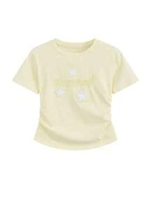 Áo thun nữ tay raglan cổ tròn dáng ôm, thêu họa tiết, thích hợp mặc mùa hè. - Màu be - Xem 6