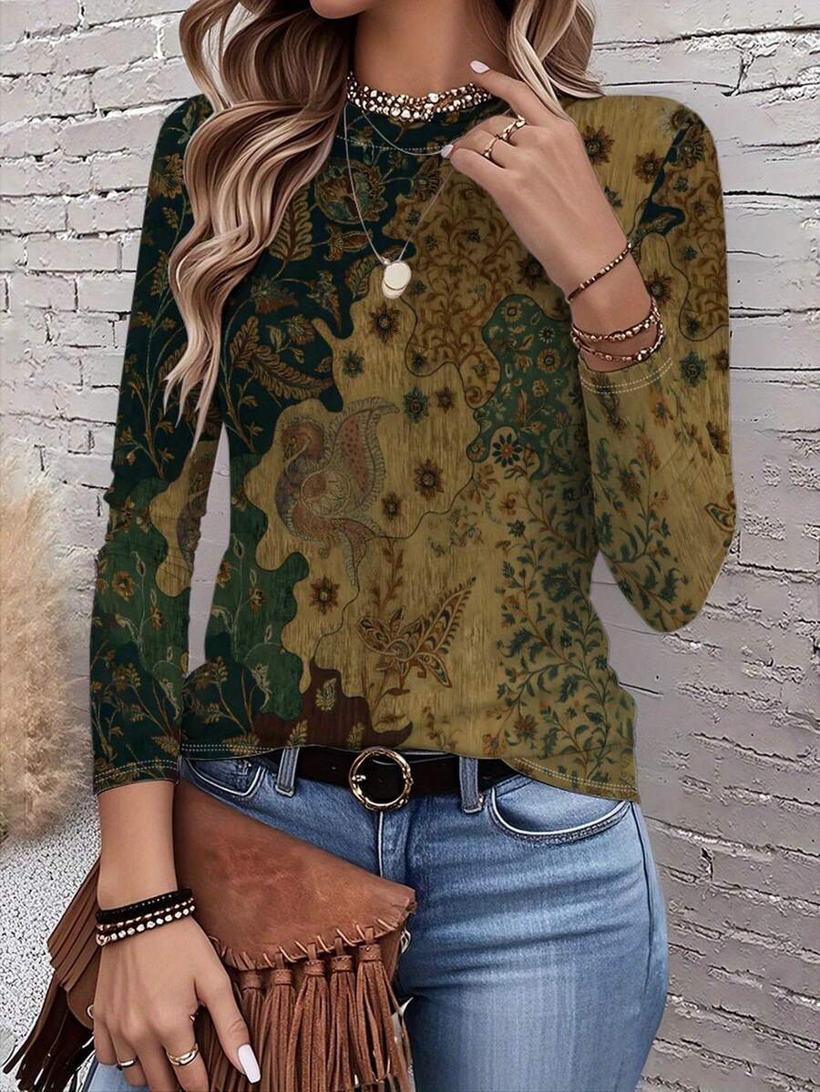 Women's Green & Golden All-Over Print Long Sleeve T-Shirt - Baroque-Style Paisley & Floral Round Neck Blouse, Olive-Green Casual Top For Spring/Fall Layering, Wrinkle-Resistant Machine Washable Shirt - Mixed Color - 查看 1