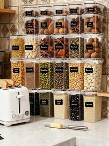 20pcs Airtight Food Storage Containers With LIDS,Vanity Plastic Kitchen Pantry Organization And Storage, Dry Food Jars For Grain Pasta, Flour, Sugar, With Labels, Markers, Dishwasher Friendly, Plastic Food Storage Jars,Local Warehouse, Stocking Stuffers For Kids,Local Warehouse,Vanity, - Đen và trắng - Xem 1