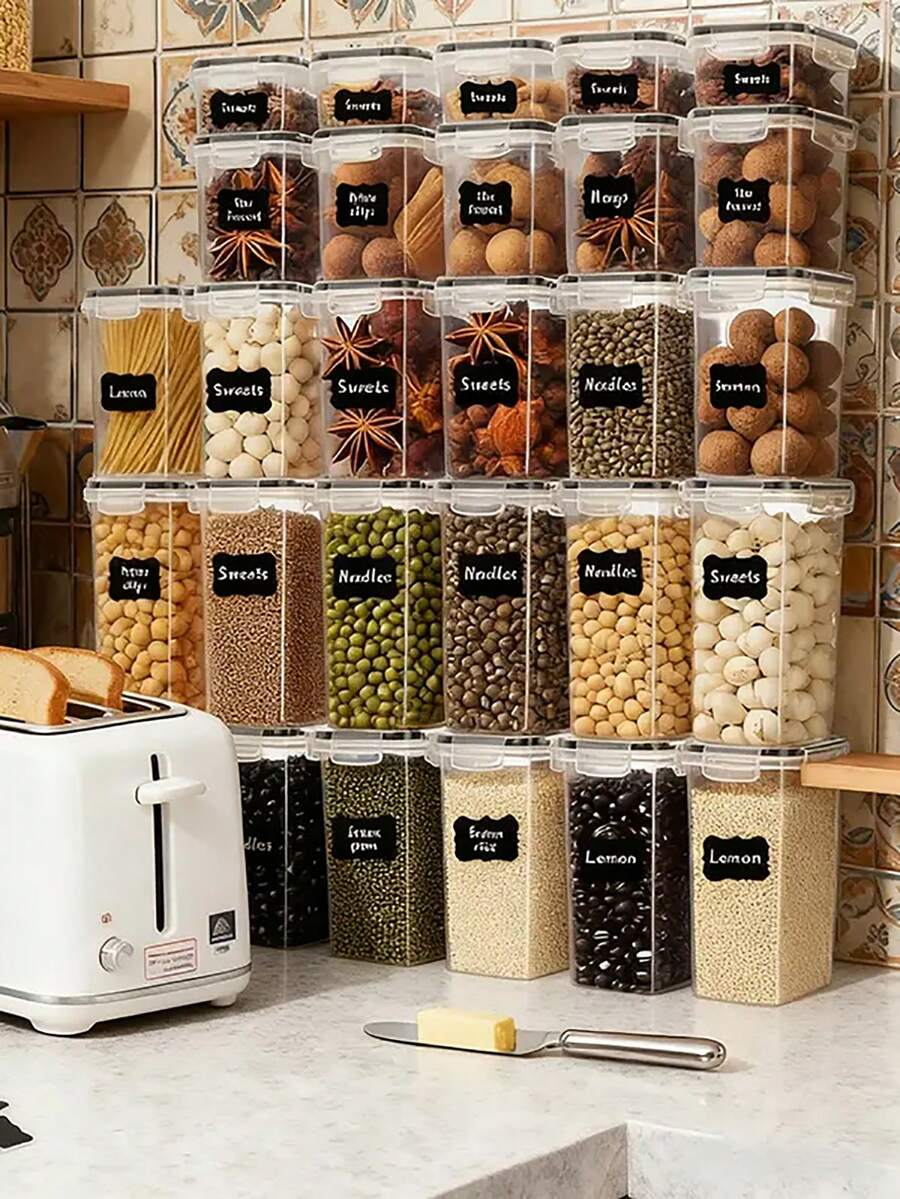 20pcs Airtight Food Storage Containers With LIDS,Vanity Plastic Kitchen Pantry Organization And Storage, Dry Food Jars For Grain Pasta, Flour, Sugar, With Labels, Markers, Dishwasher Friendly, Plastic Food Storage Jars,Local Warehouse, Stocking Stuffers For Kids,Local Warehouse,Vanity, - Đen và trắng - Xem 1