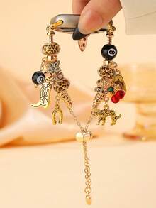 1pc Adjustable Vintage Music Festival Style Leopard Print Cherry 8 Ball Pendant Bracelet, Compatible With Apple Watch 38/40/41/42/44/45/46/49mm SE/Ultra/11/10/9/8/7/6/5/4/3/2/1 Series Women Watch Band Accessory - Gold - View 6