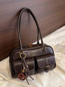 Bolso de hombro de mujer de unicolor retro de piel de PU, diseño deúltiples bolsillos, gran capacidad, con colgante decorativo desmontable, estilo vintage, bolso de oficina - Marrón - Ver 3