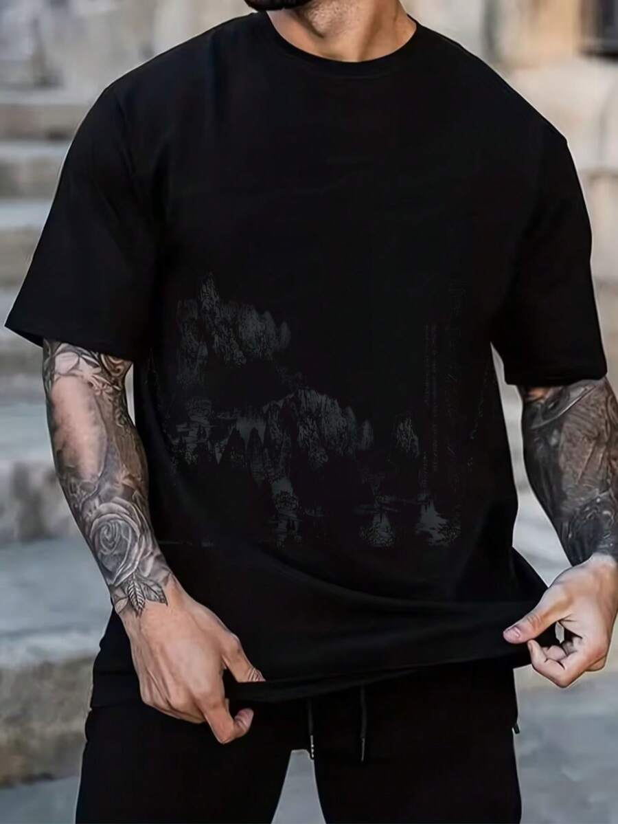 Essential White Cotton T-Shirt For Men With Mountain Pattern - Black - View 1