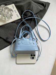 Fashionable Solid Color PU Drawstring Mini Handbag, Metallic Color Crossbody Small Shell Bag For Women - Blue - View 4