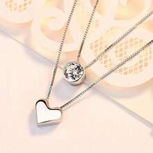 1 Stylish Heart-Shaped Glossy Round Zirconia Multi-Layer Love Necklace Sterling Silver Jewelry Jewelry Women Suitable For Daily Clothing